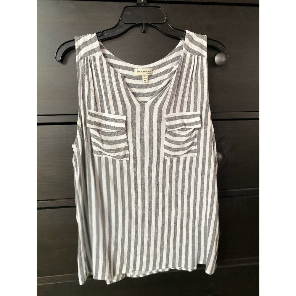 Grey and White Striped Sleeveless Blouse